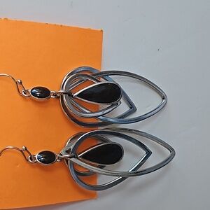 Silvertone and black fishhook dangle earrings